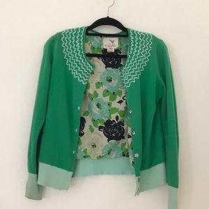 Tabitha green cardigan with squiggle embroidery and floral lining size M